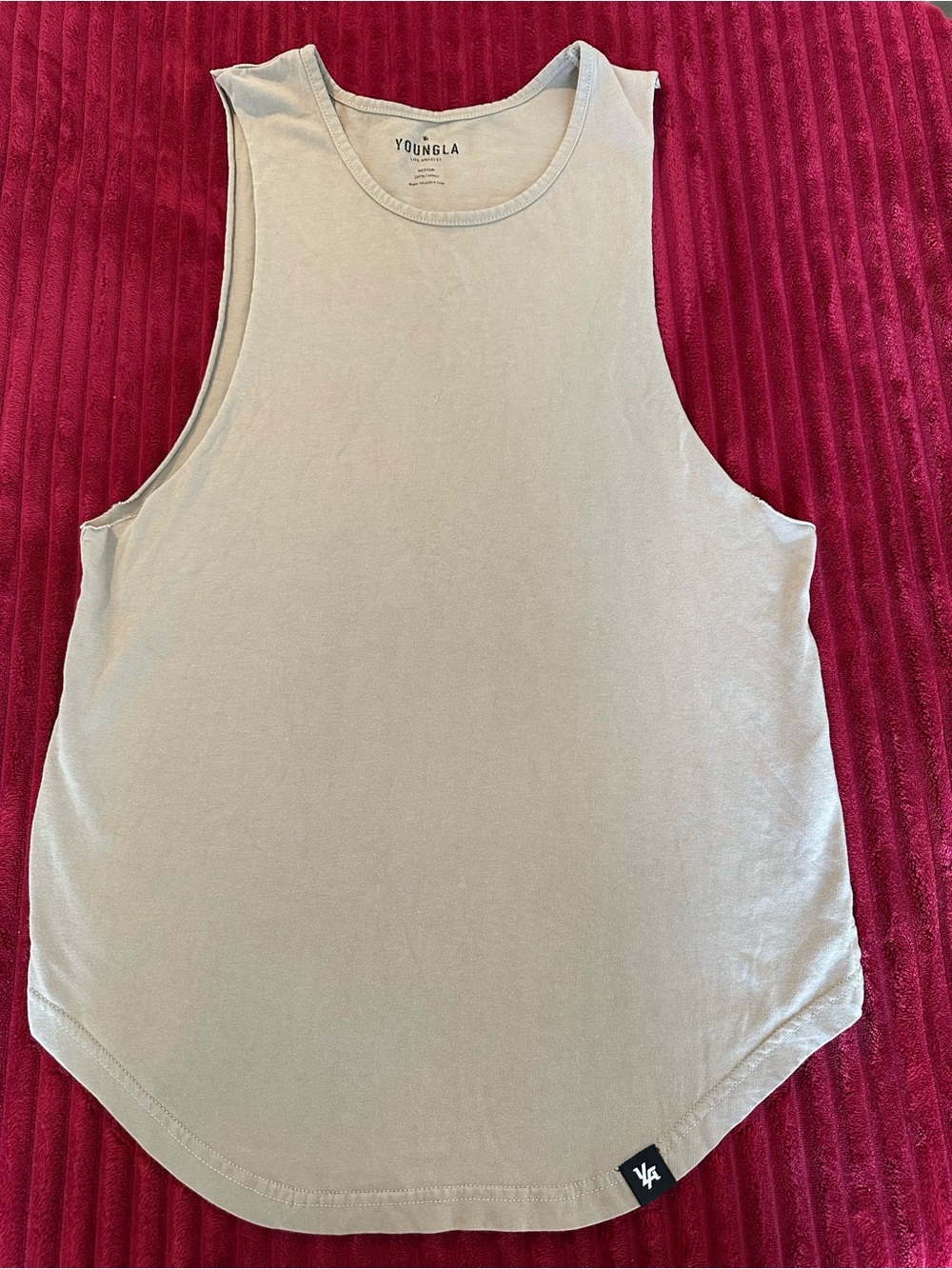 YoungLA Men’s Muscle Tank Top Size Medium Tan Beige Gym Bodybuilding Cutoff